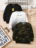 3pcs Young Boys' Casual & Comfortable Style Value Pack, Long Sleeve Round Neck Knitted Sweatshirt In Three Different Colors, Suitable For Commuting, Going To School, Stay-At-Home, Street Snaps, Parties And Outdoor Activities.