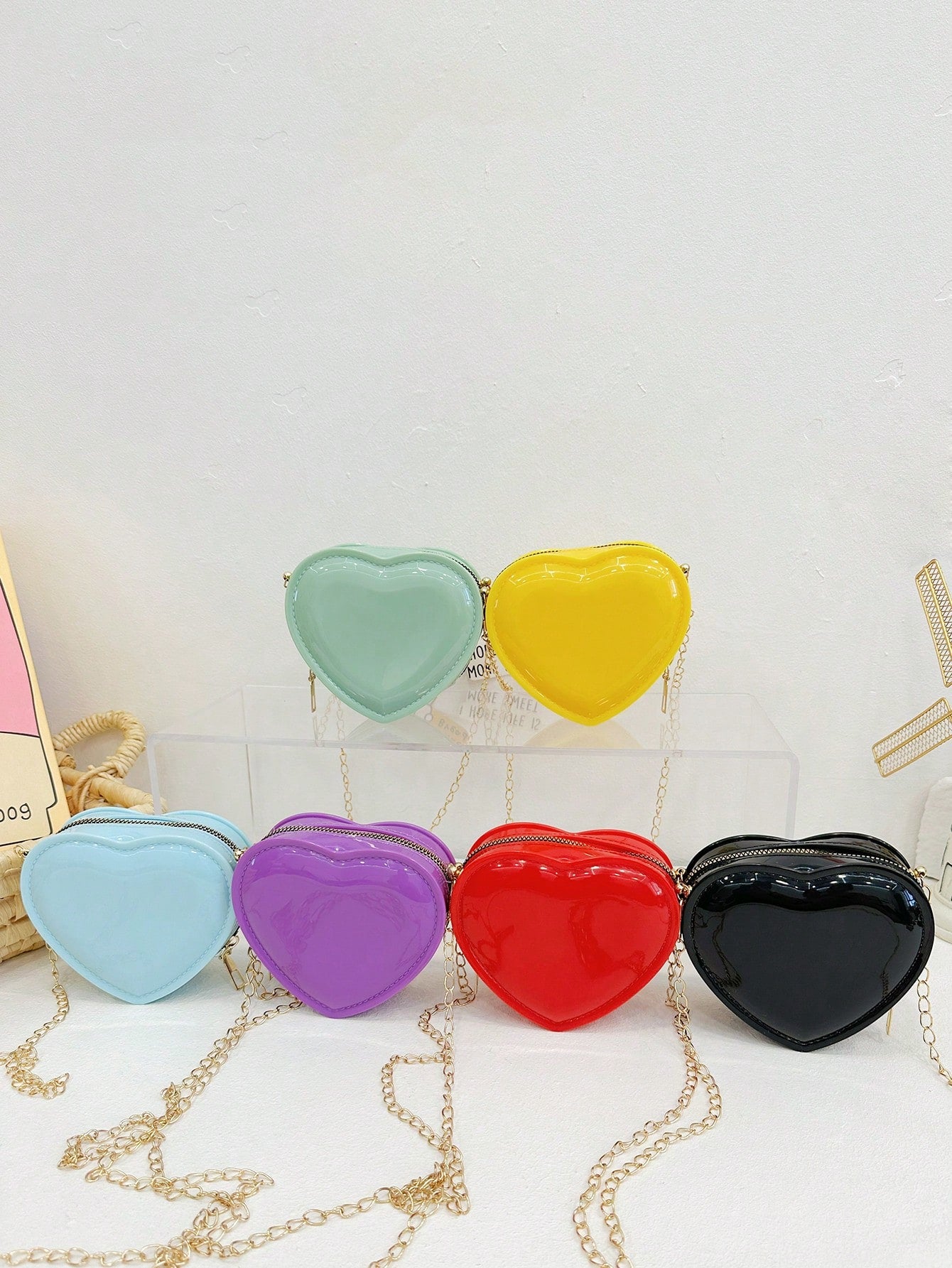 1pc Shiny Heart Shaped Candy-Colored PVC Crossbody Bag For Girls, Zipper Closure, Cute Mini Bag For Daily Use