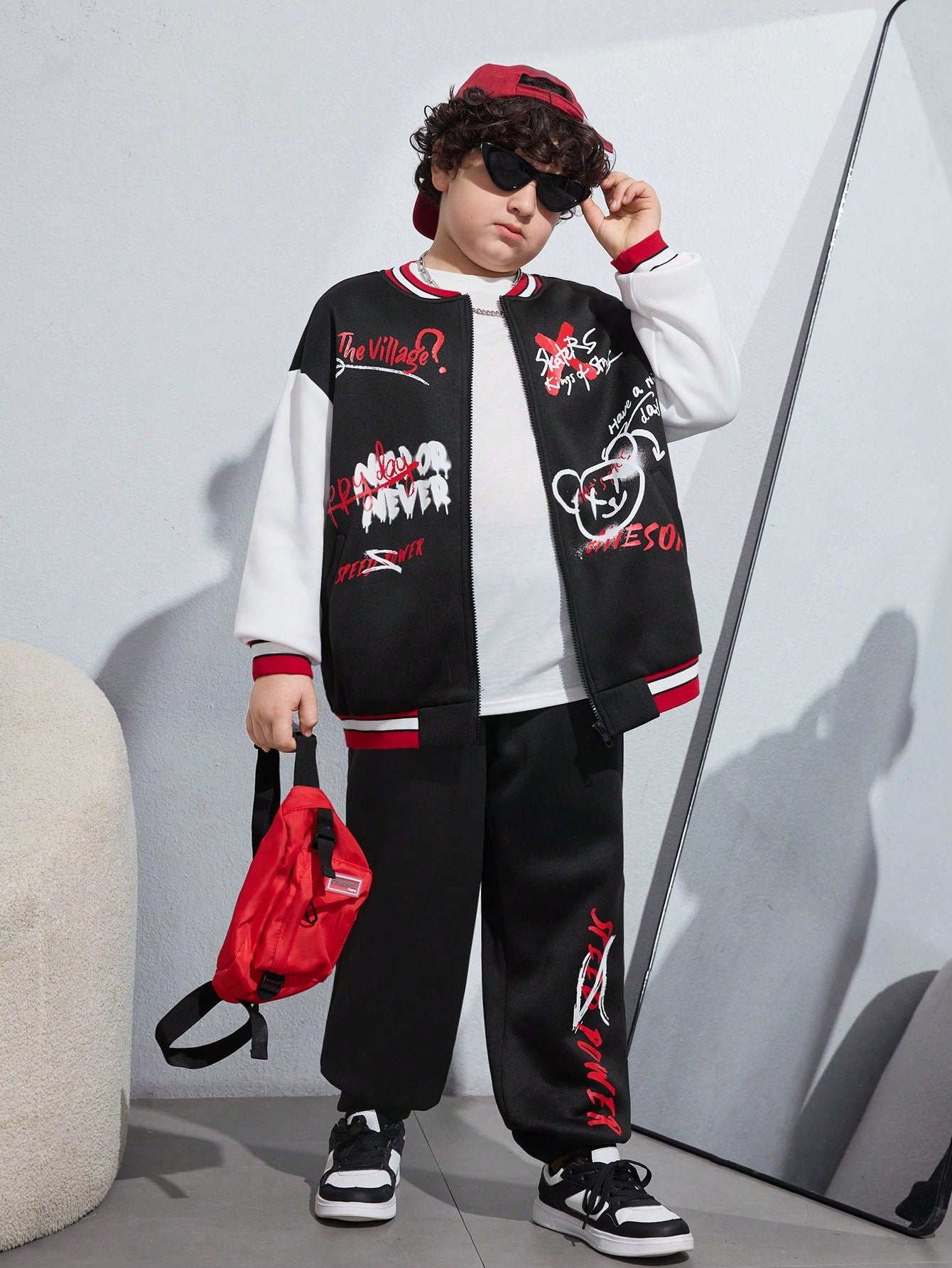 Tween Boy Extended Size Casual Letter & Little Bear Print Baseball Jacket And Pants Set