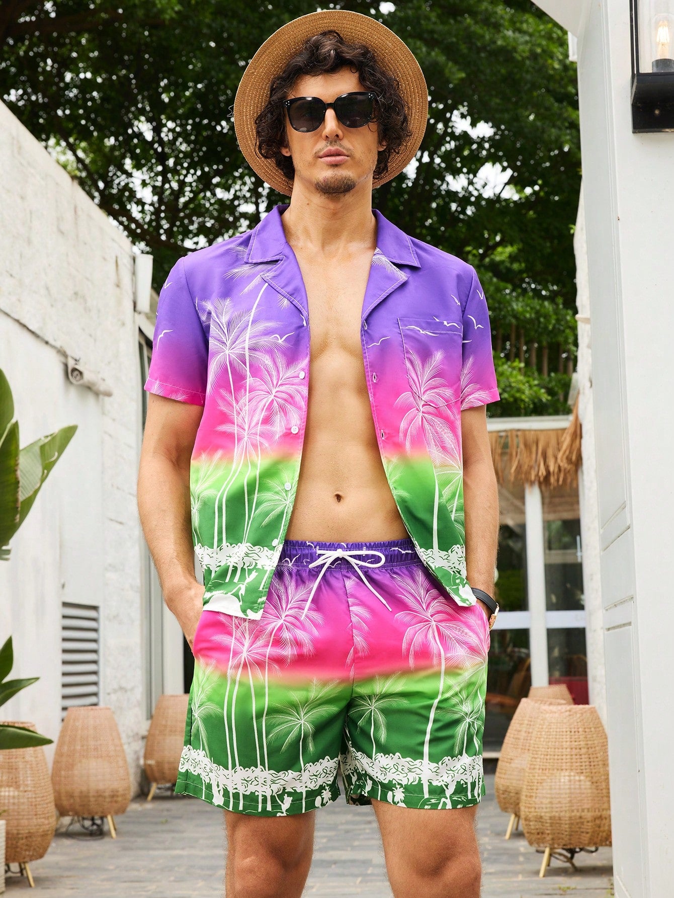 Men Tropical Print Ombre Shirt & Drawstring Waist Shorts Beachwear