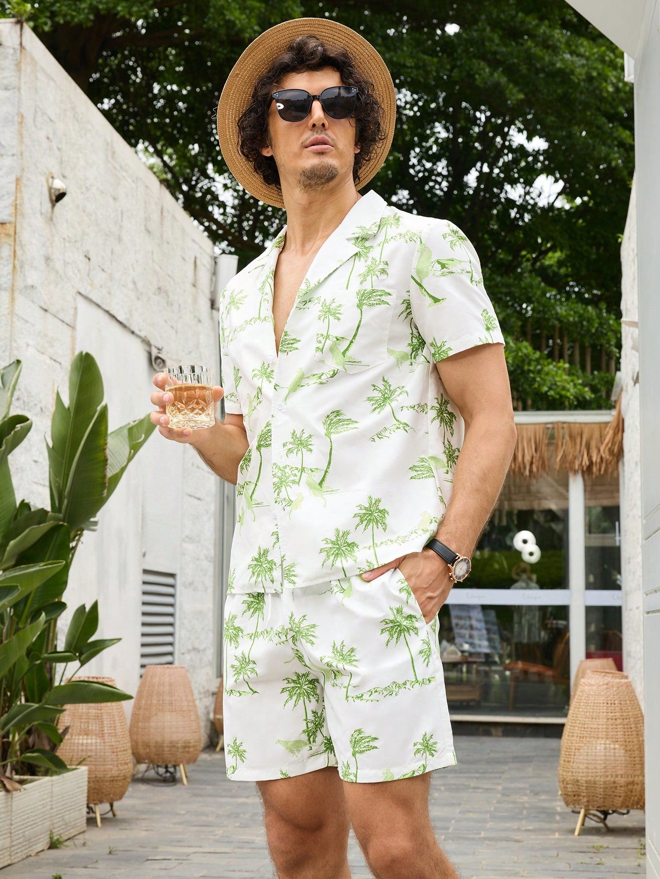 Men Tropical Print Lapel Neck Shirt & Shorts For Summer Beach