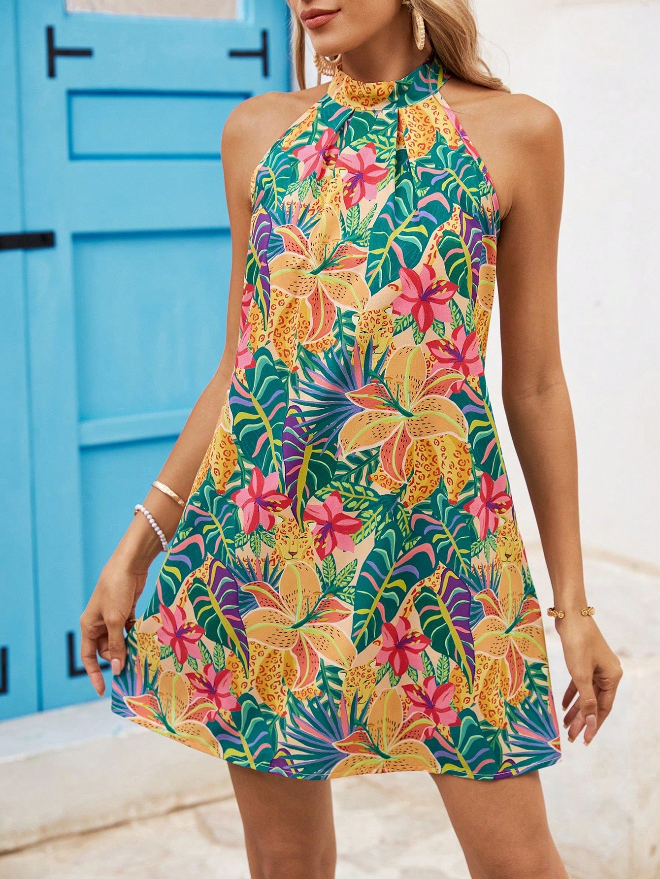 Spring Floral Print Halterneck Backless Summer Beach Women Dress