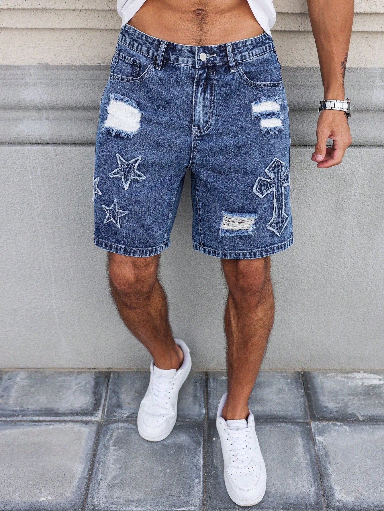 Men Ripped Patchwork Denim Shorts With Pockets And Button Closure