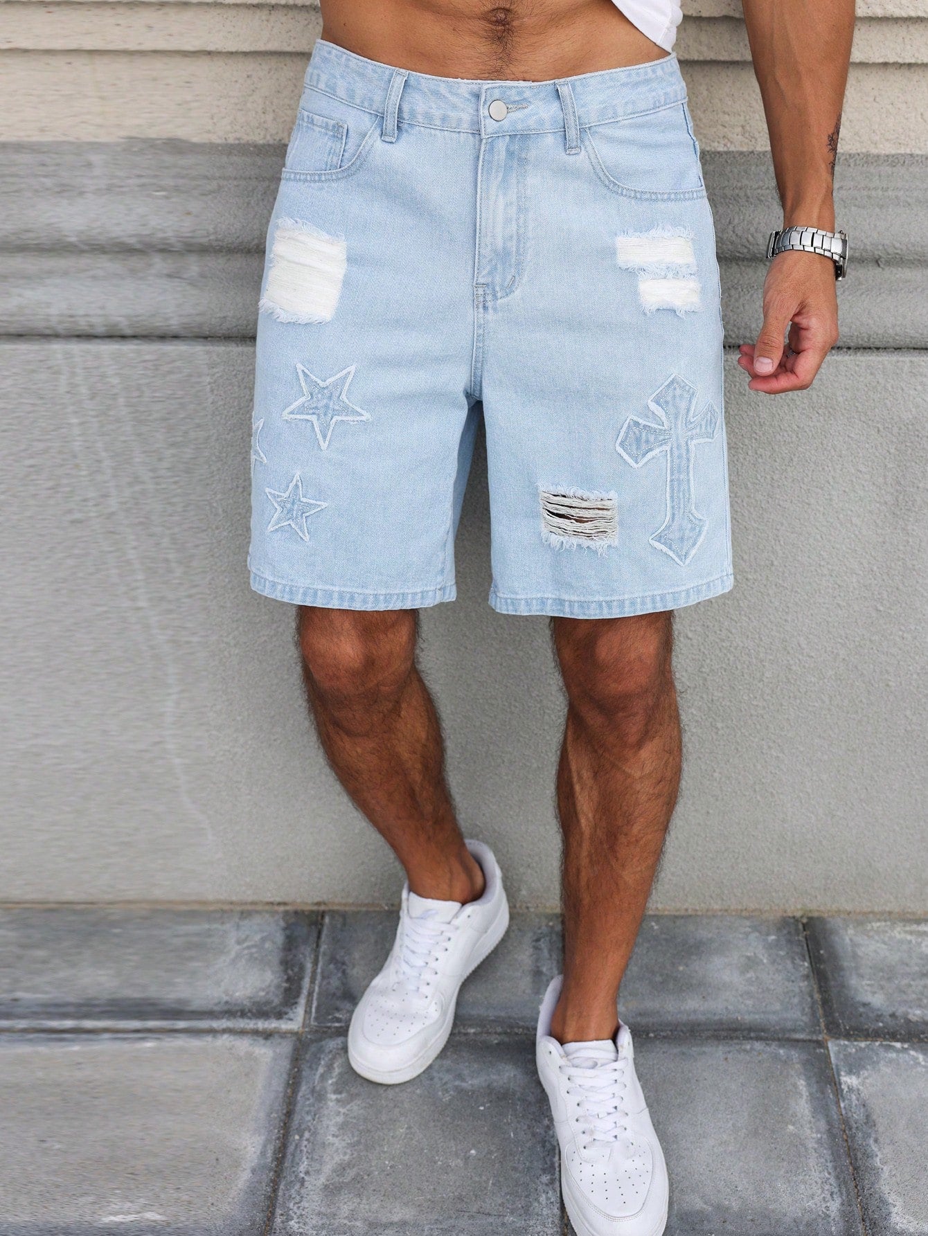 Men Ripped Patchwork Denim Shorts With Pockets And Button Closure