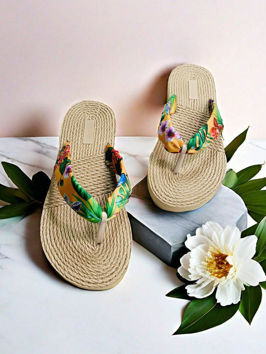 Women's Ditsy Floral Satin Flip Flop, Ladies' Summer Vacation Beach Slippers, Women's Casual Holiday Sandals, Summer Women's Flat Sandals, Bohemian Style Floral & Woven Beach Flip Flops For Women, Ladies' Flat Sandals