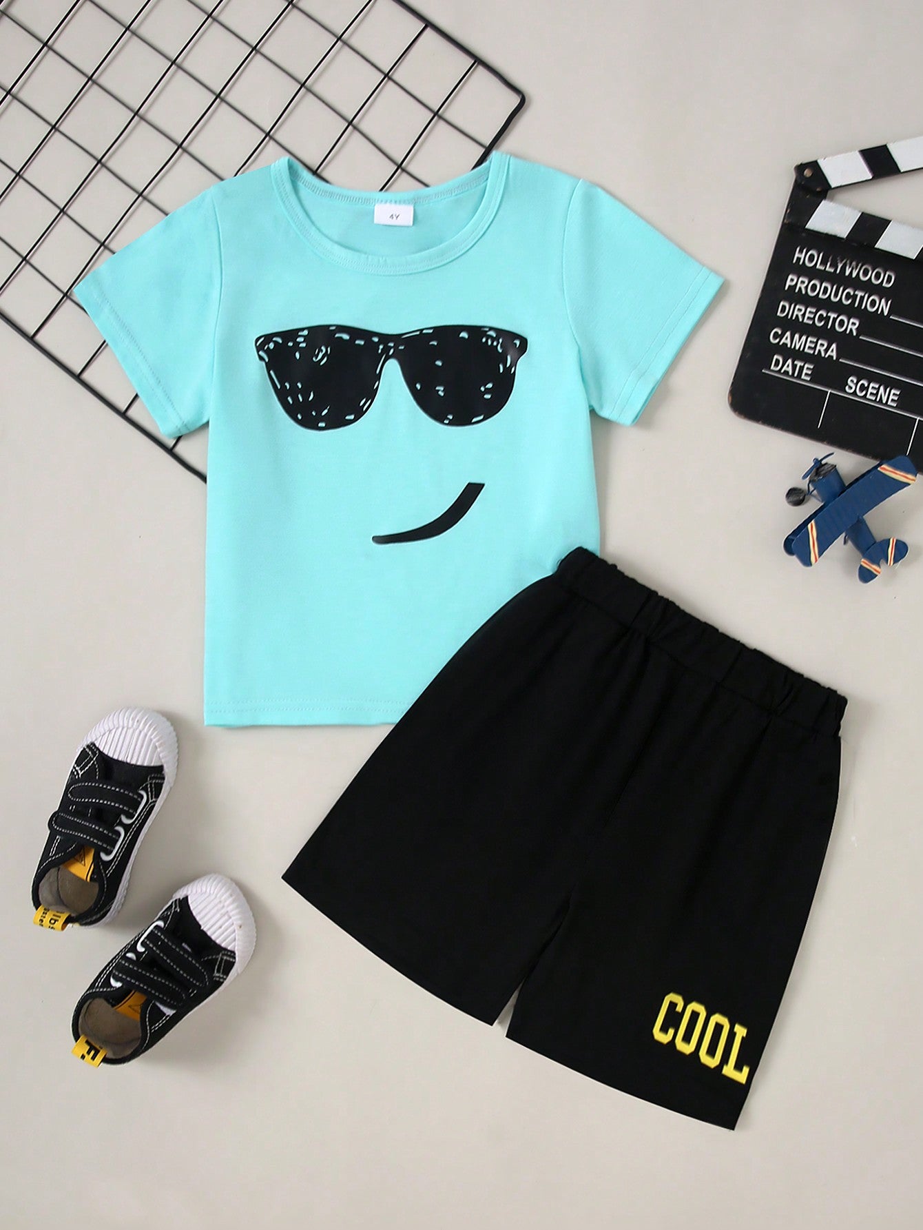 Young Boy Summer Casual Face Print Short Sleeve T-Shirt And Shorts Set