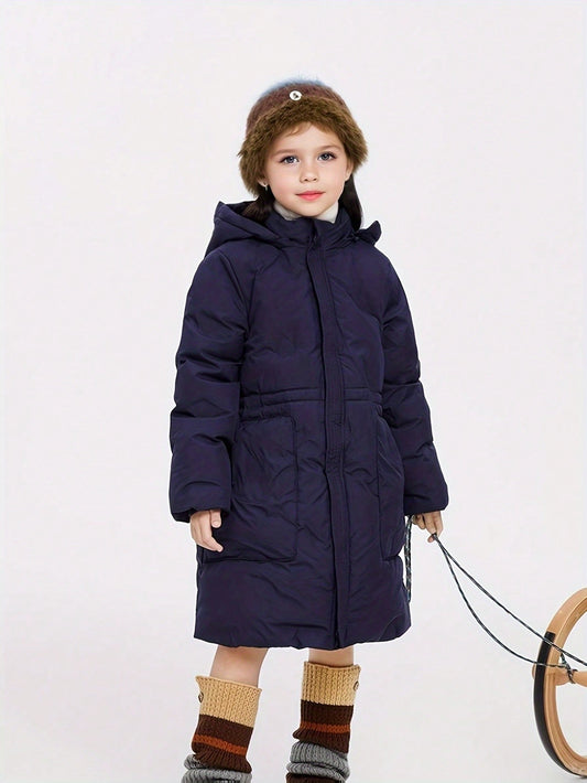 Tween Girl Clothing Mid-Length Winter Down Jacket, Thickened Warm Hooded Cold And Windproof Home Jacket (Dark Blue)