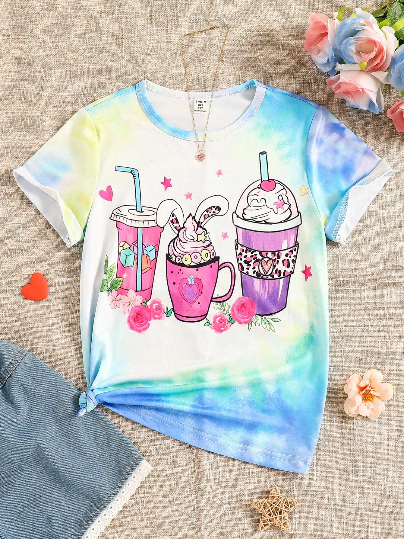 Tween Girl Tie-Dye Gradient Milk Tea Pattern Cute Summer T-Shirt