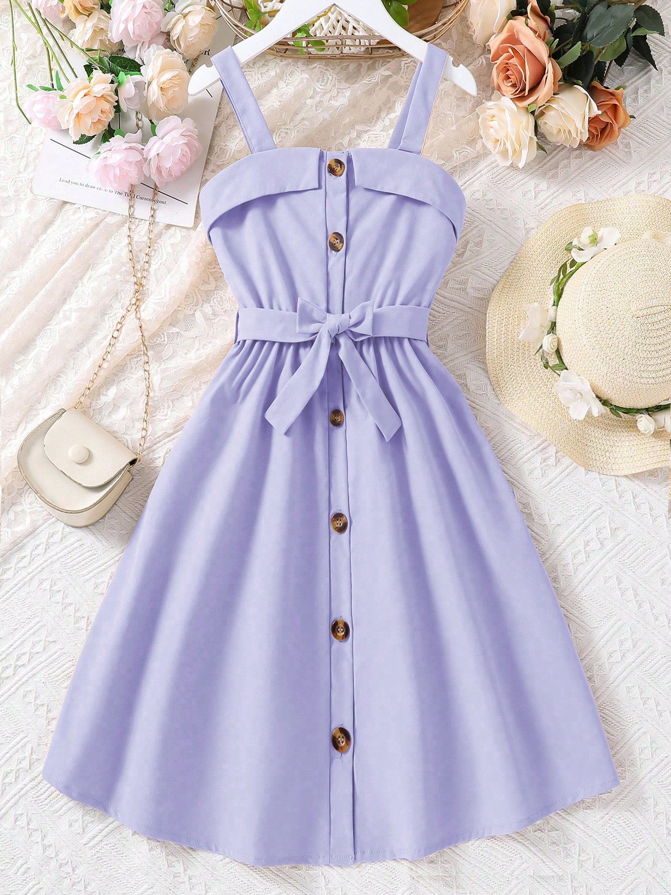 Tween Girl's Sleeveless Dress With Neck Fold, Button Closure And Waist Belt, Casual Summer