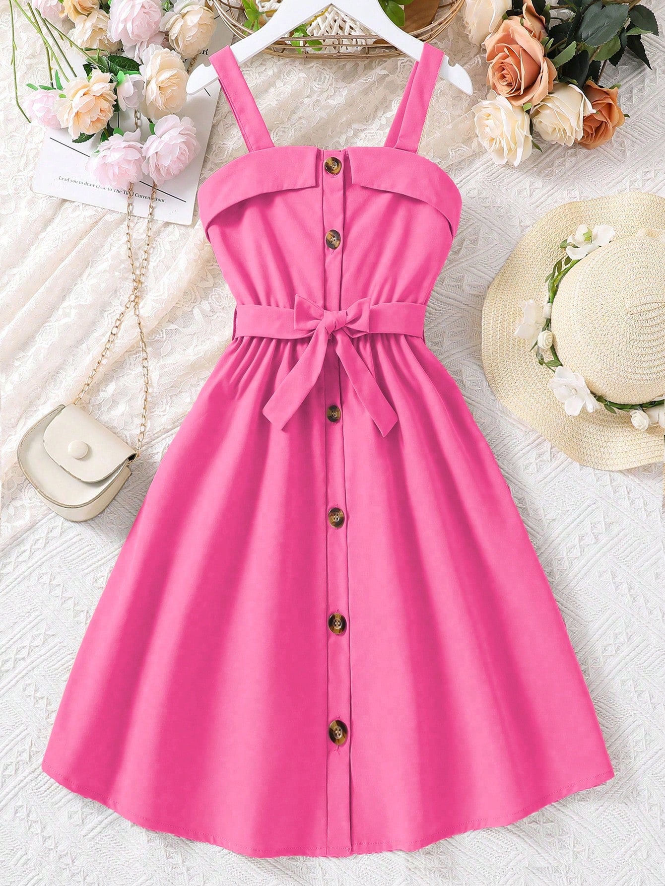 Tween Girl's Sleeveless Dress With Neck Fold, Button Closure And Waist Belt, Casual Summer