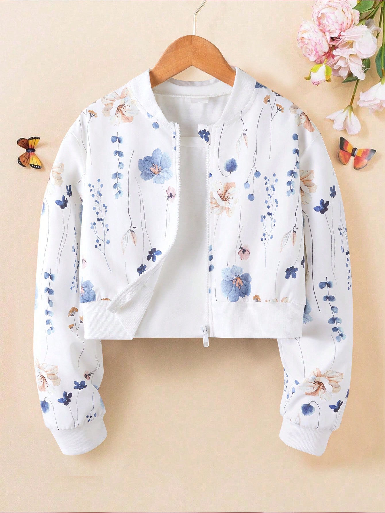 Tween Girl Floral Plant Leaves Printed Short Country Style Baseball Jacket, Autumn Lightweight Section