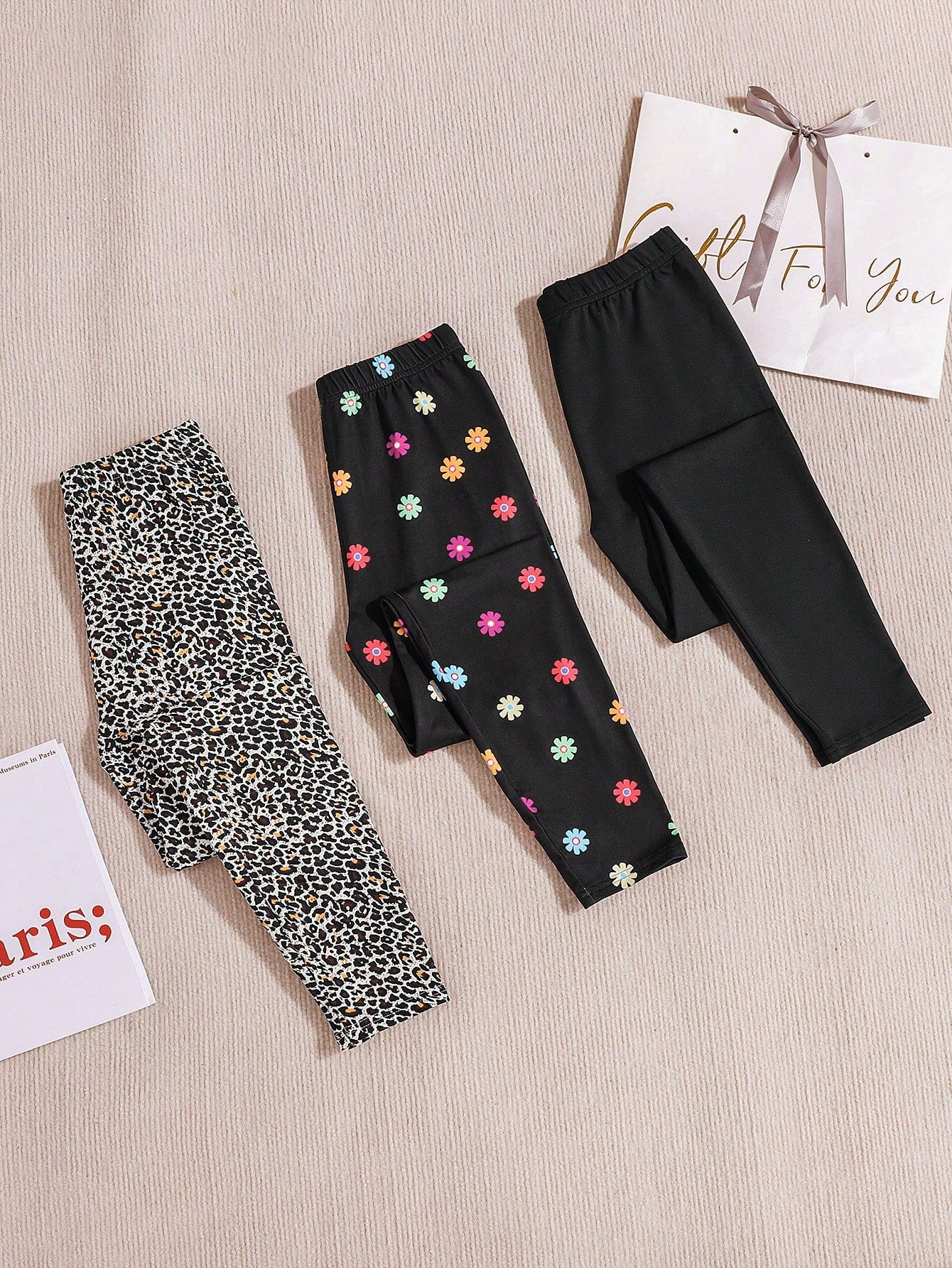 3pcs Tween Girls' Leopard & Edgy Flower Printed Leggings Set, Black