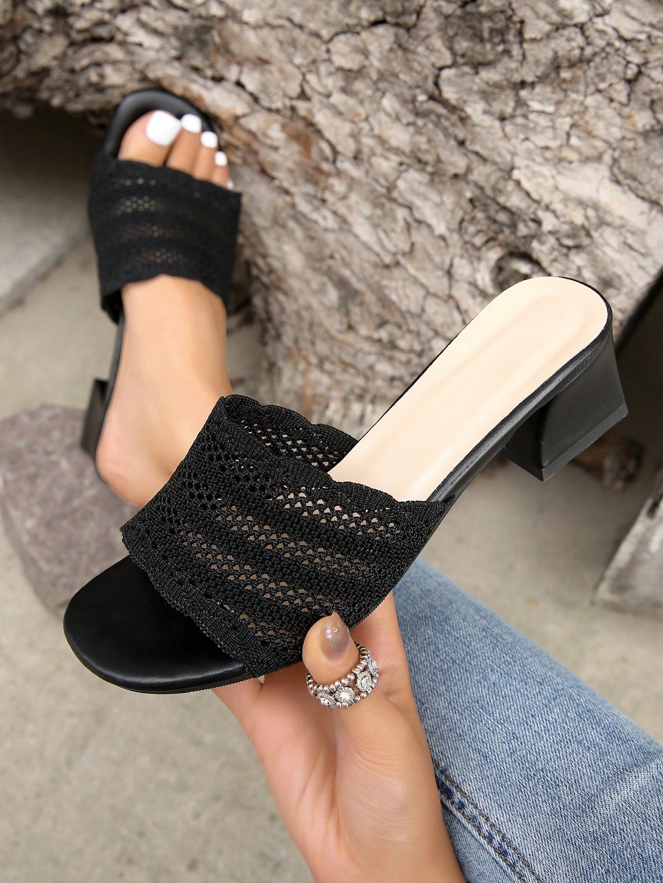 Summer New Trendy Women's Knitted Square Heel Breathable High Heel Sandals