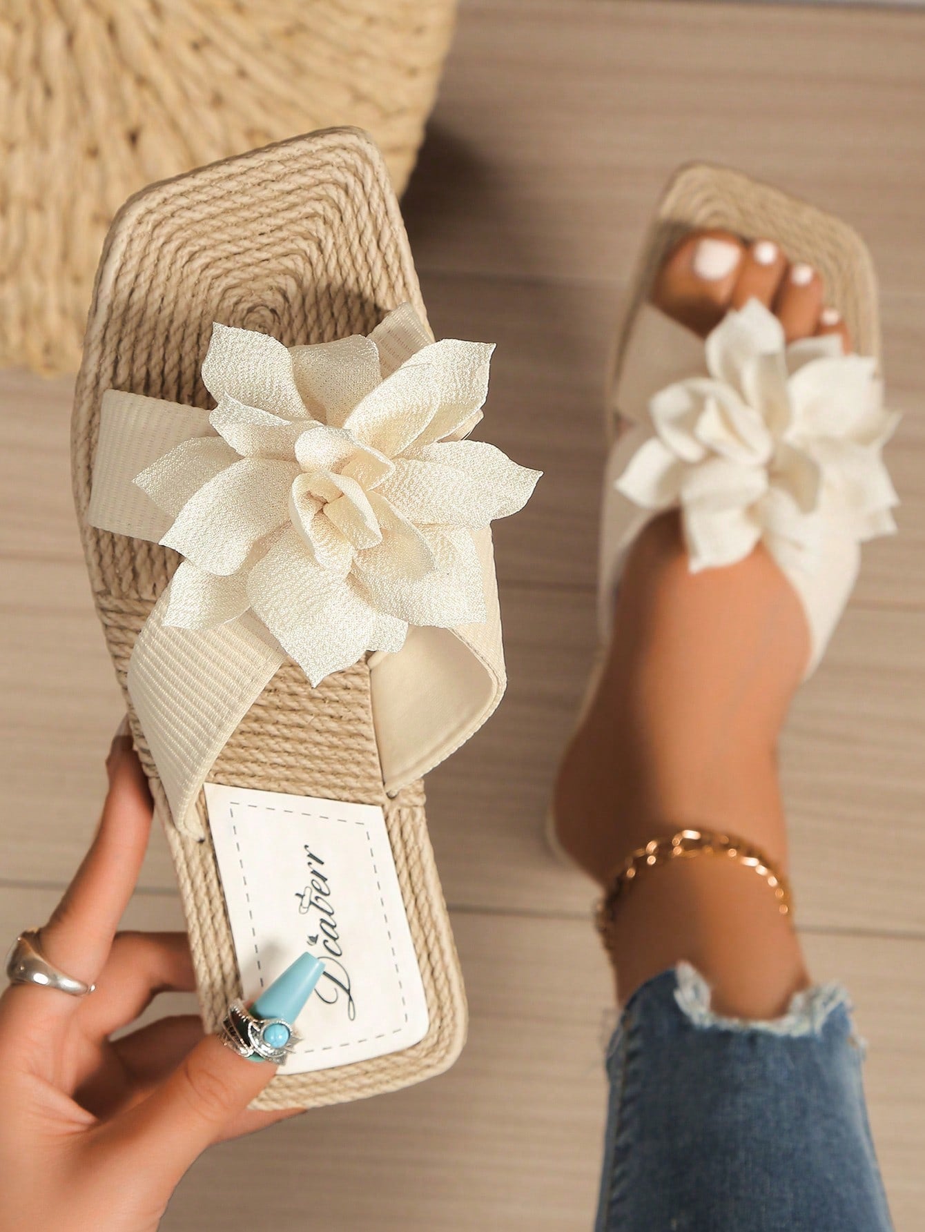 Women Beige Solid Bow Decor Open Toe Slides, Vacation Outdoor Flat Slides