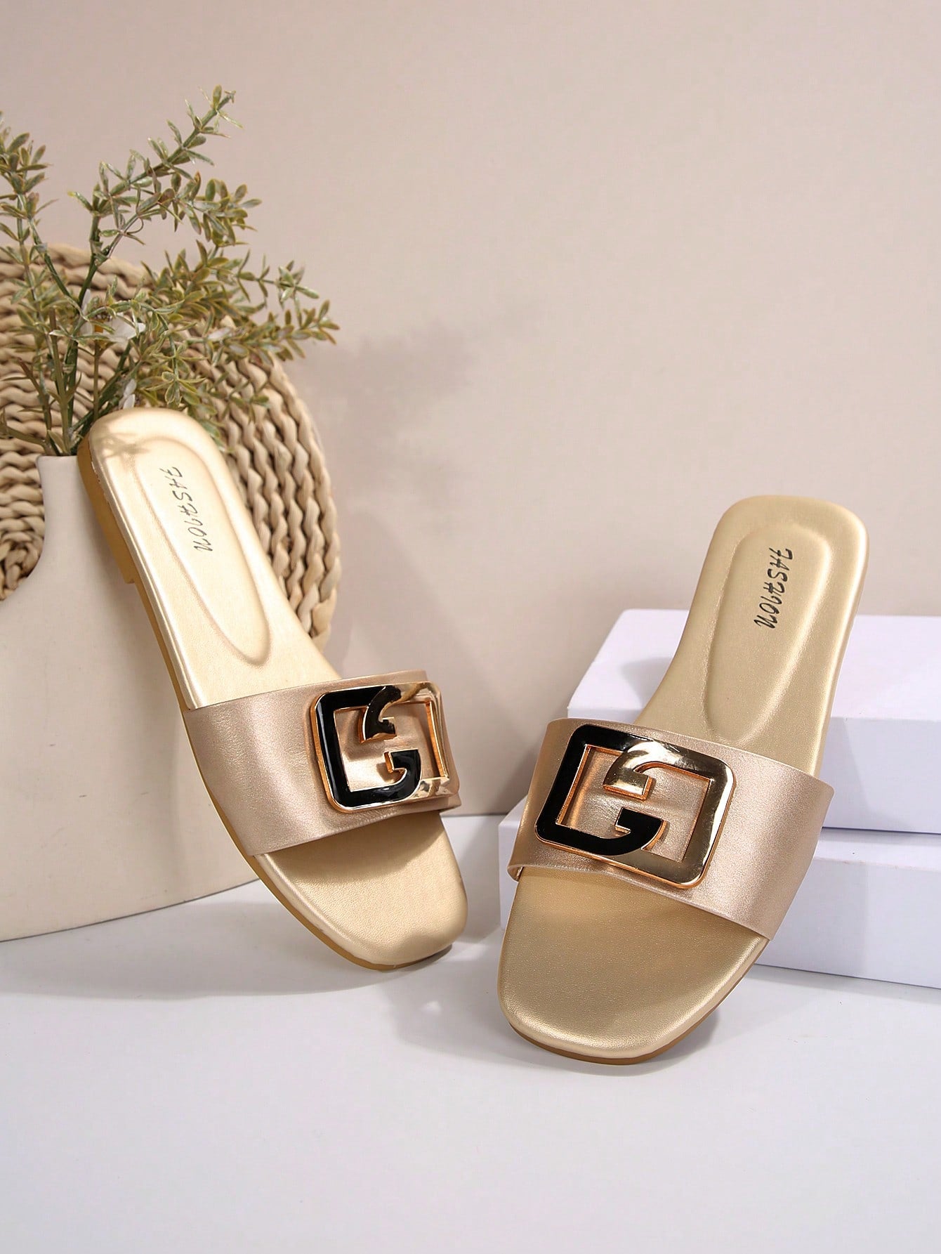 Women's Gold Color Slip On Sandals With Chain Link Detailing, Comfortable And Stylish For Indoor And Outdoor Use