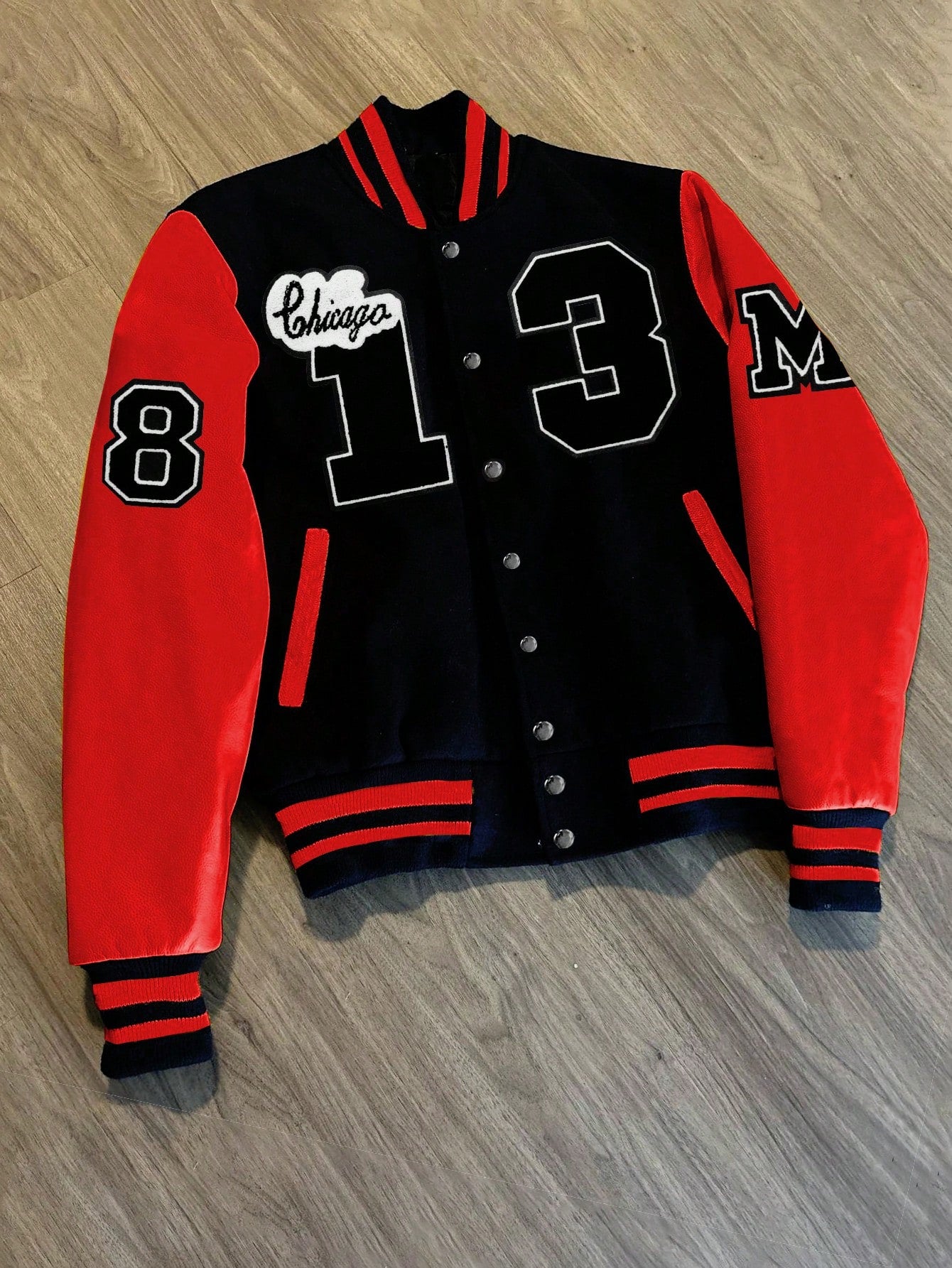 Men Letter Flocking Striped Trim Drop Shoulder Varsity Jacket