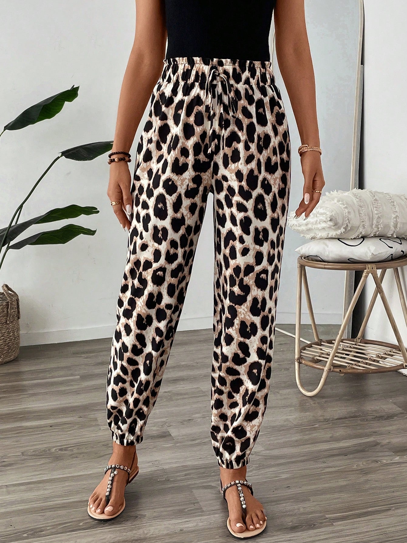 Women's Retro Leopard Print Drawstring Waist Elastic Hem Casual Vacation Pants