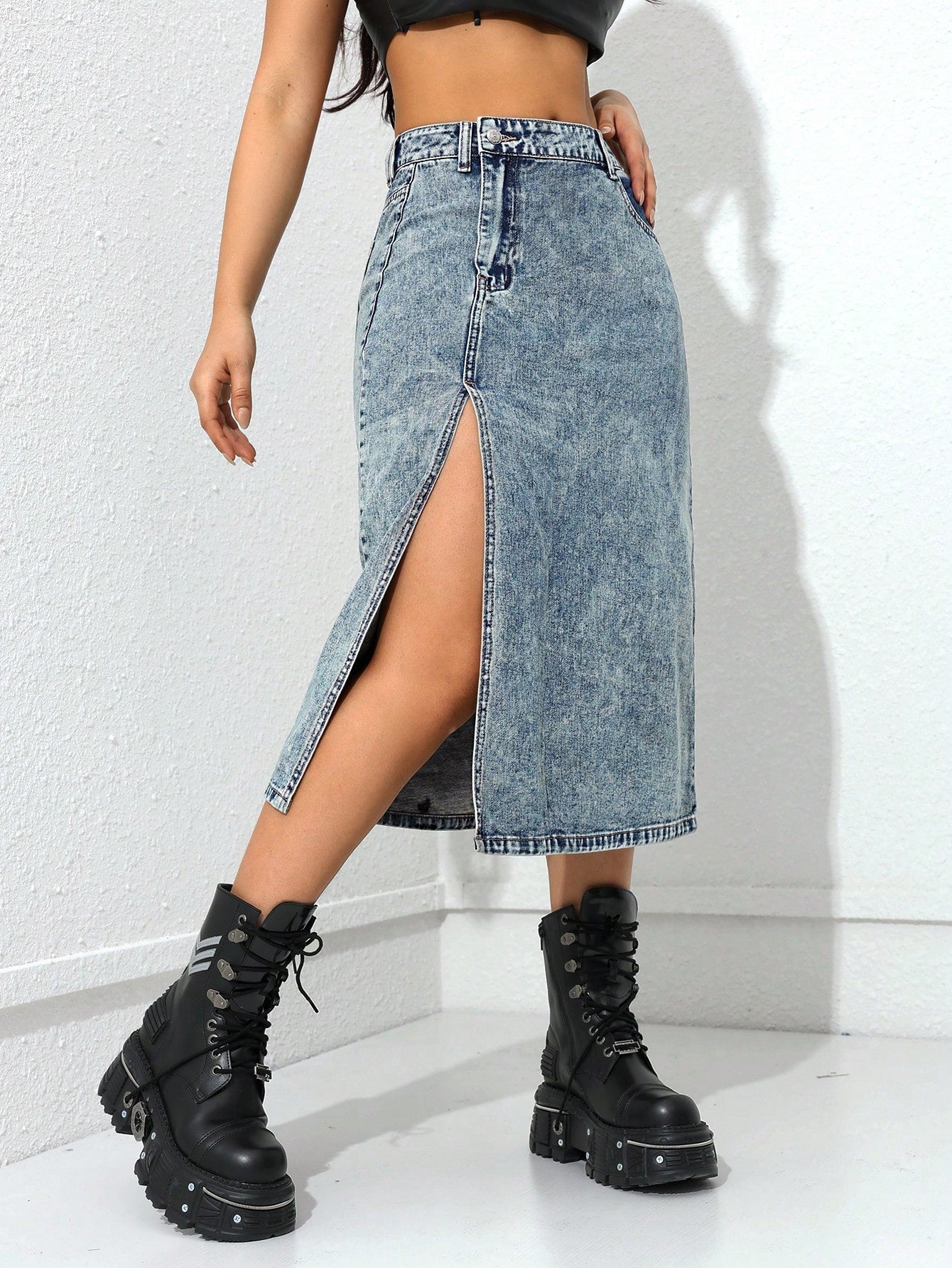 Women's High Slit Denim Skirt