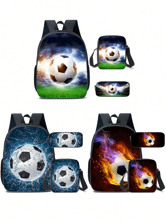 3PCS Back To School Backpack For Boys Girls, Kids Feature Football Backpack For Teens Elementary Middle High School Students, Large Capacity 16 Inch School Bags With Shoulder Bags And Pencil Case