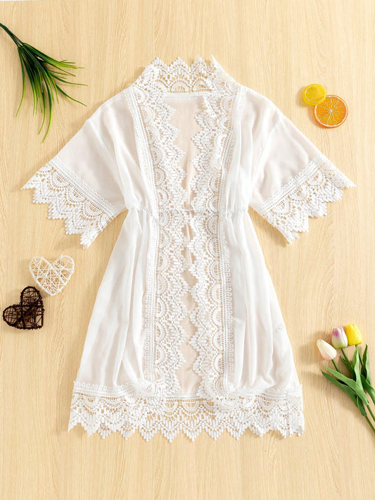 New Spring/Summer Long Loose Kimono-Style Cardigan For Tween Girls, Perfect For Music Festivals, Beach Parties, And Pool Parties. With Bohemian-Style Lace Pattern, Loose Fit, And Delicate Lace Trim, Pair It With Bikinis, White Color, Elegant And Sweet Sty