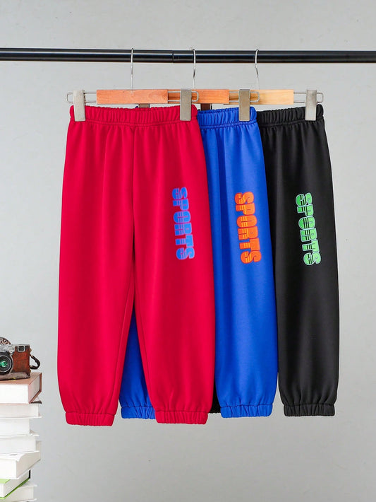 BOY Casual Sporty Style Sweatshirt And Long Pants, Letter Printed 3pcs Set, Suitable For Daily Wear, School, Travel, Sports, Spring/Summer, Blue+Red+Black