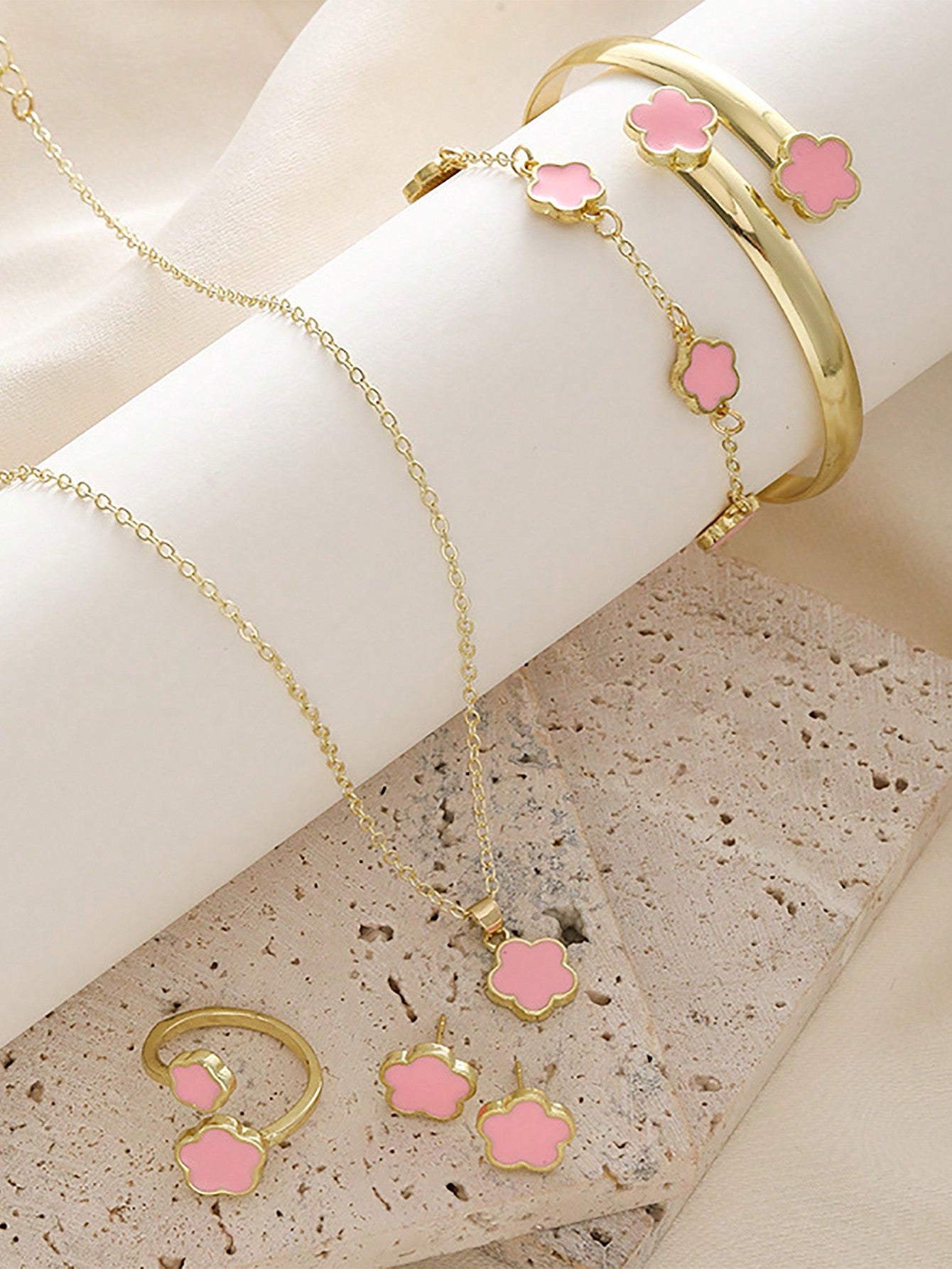 6pcs/Set Girls' Delicate Pink Jewelry Set Including Necklace, Ring, Earrings And Bracelets, Cute And Versatile, Ideal Gift