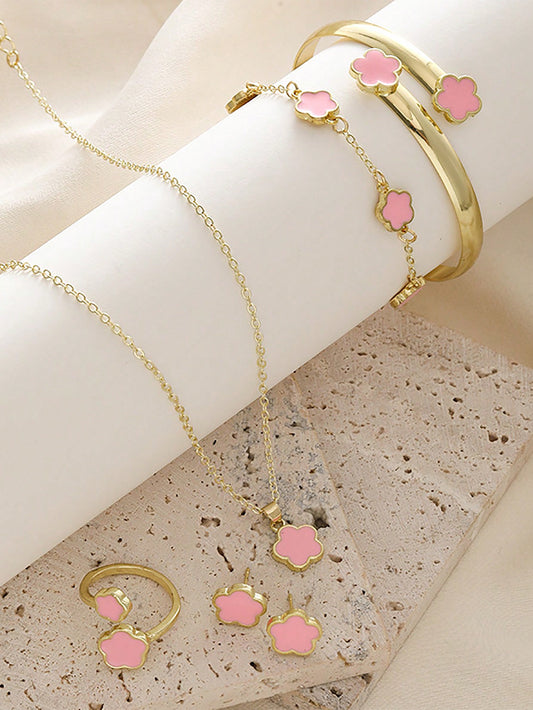 6pcs/Set Girls' Delicate Pink Jewelry Set Including Necklace, Ring, Earrings And Bracelets, Cute And Versatile, Ideal Gift