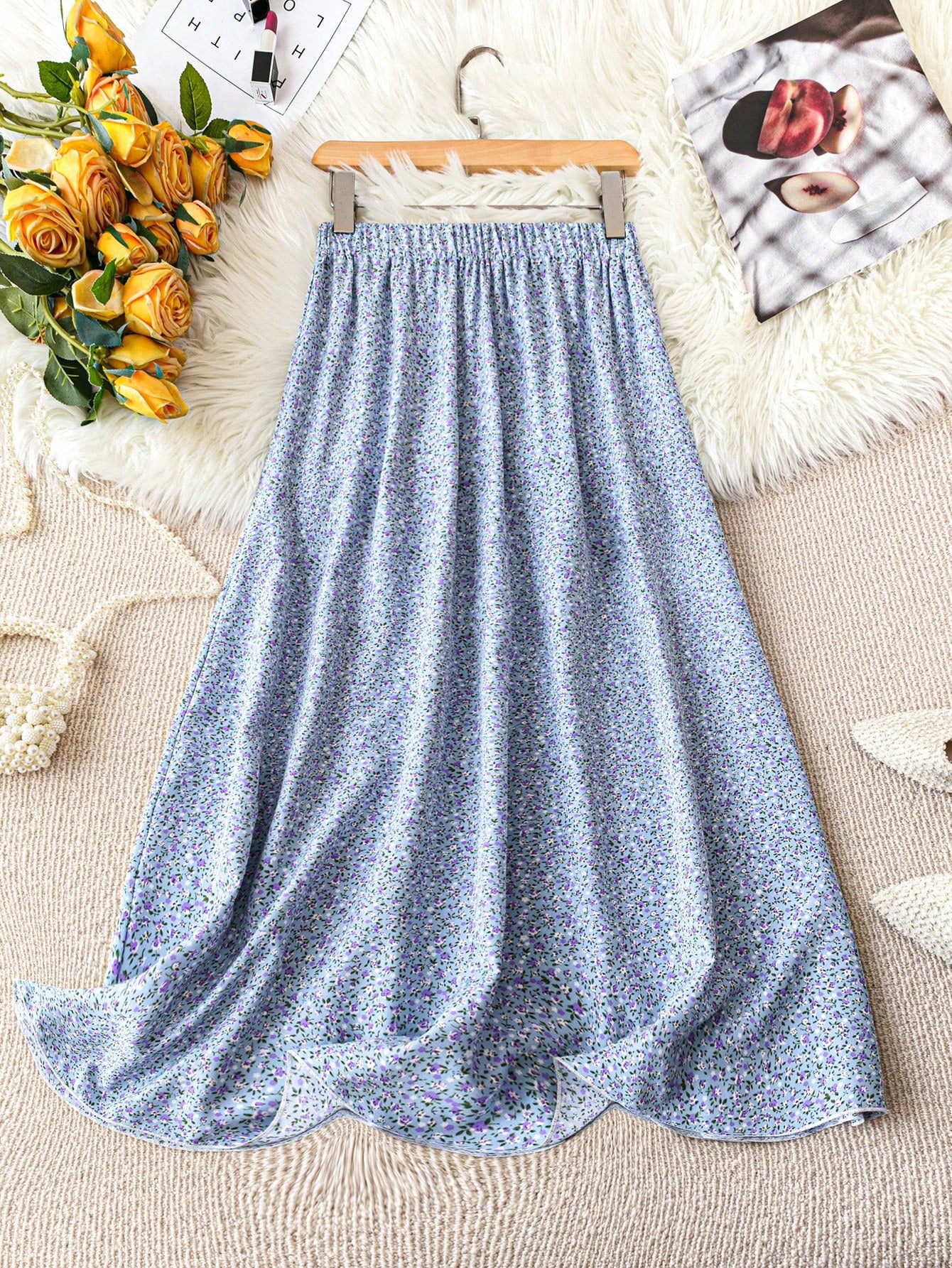 Summer Casual Elastic Waist Ditsy Floraled Skirt With Small Flower Print