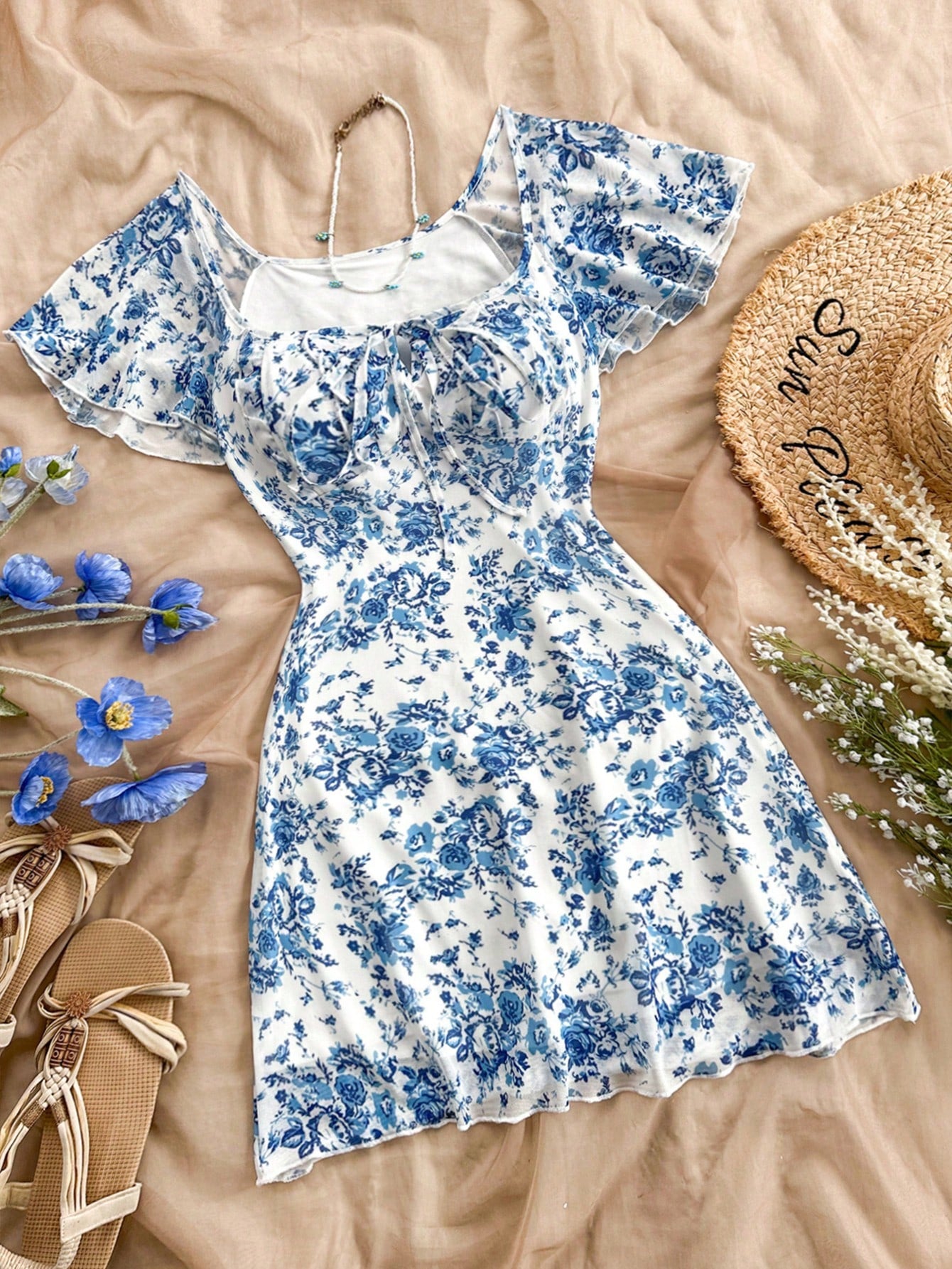 Women's Floral Printed Belted Ruffle Sleeve Dress