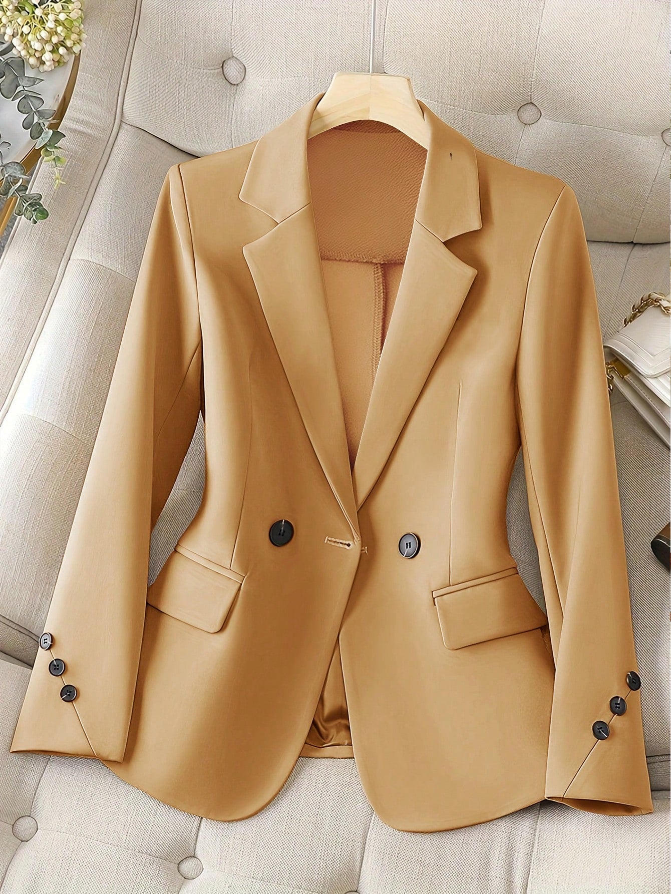 Women's Solid Color Double-Breasted Business Style Long Sleeve Blazer