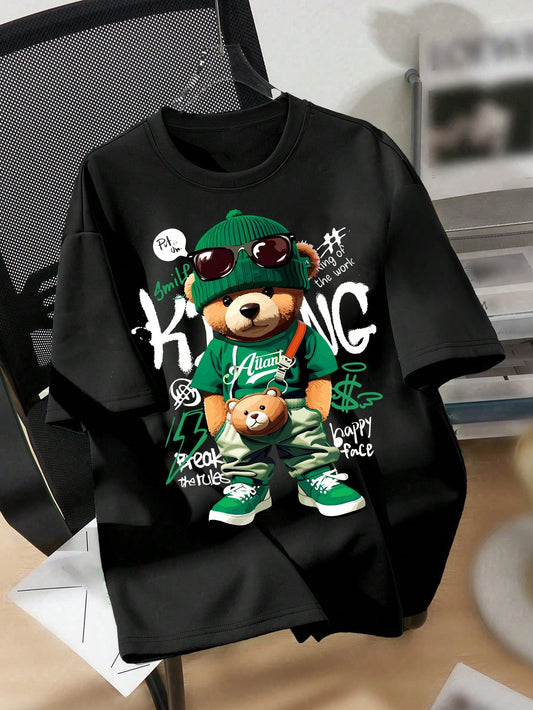 Tween Boys' Casual Simple Cartoon Bear Pattern Short Sleeve Round Neck T-Shirt Suitable For Summer