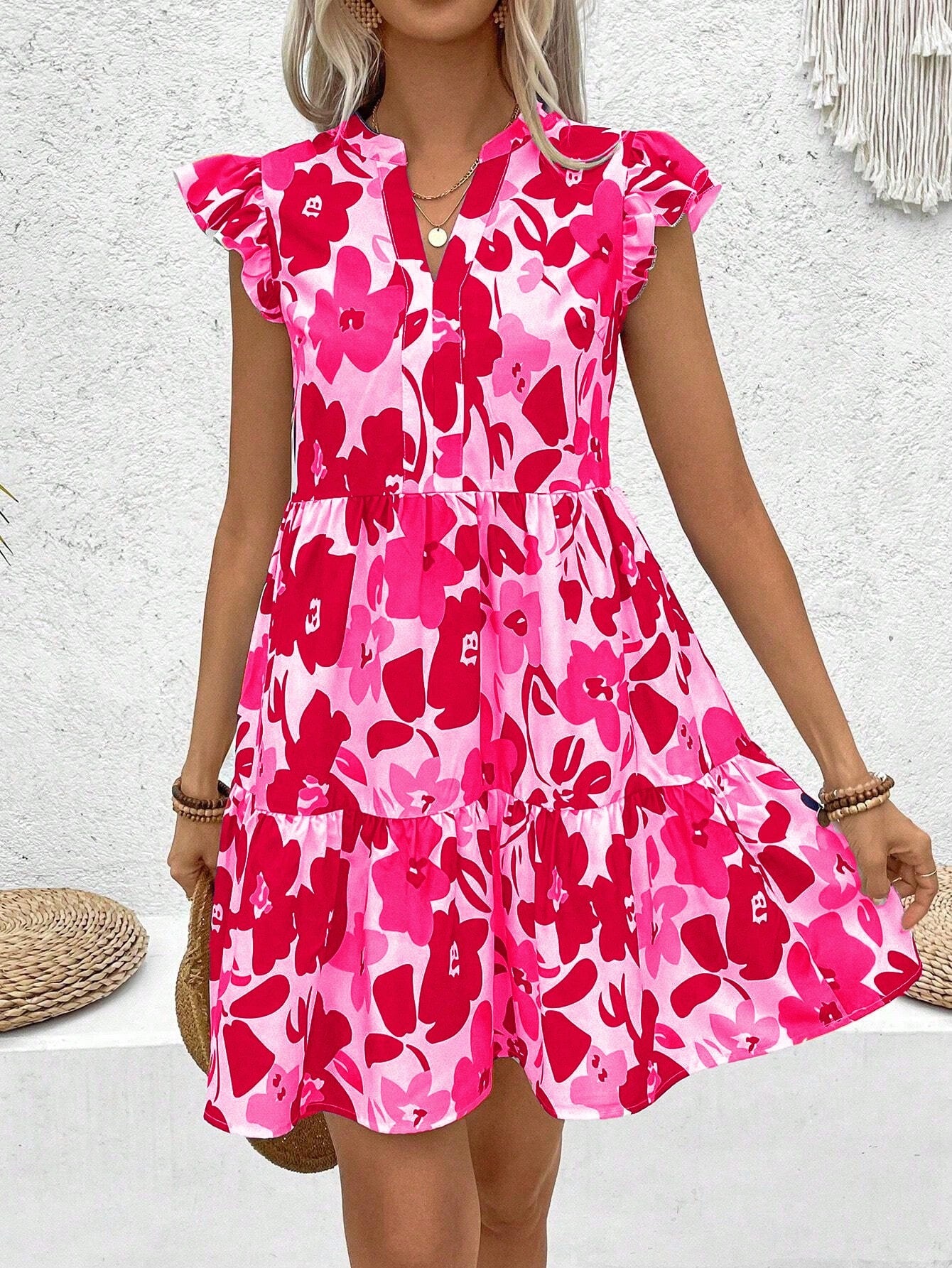 Floral Print Notched-Neck Mini Flutter Sleeve Dress