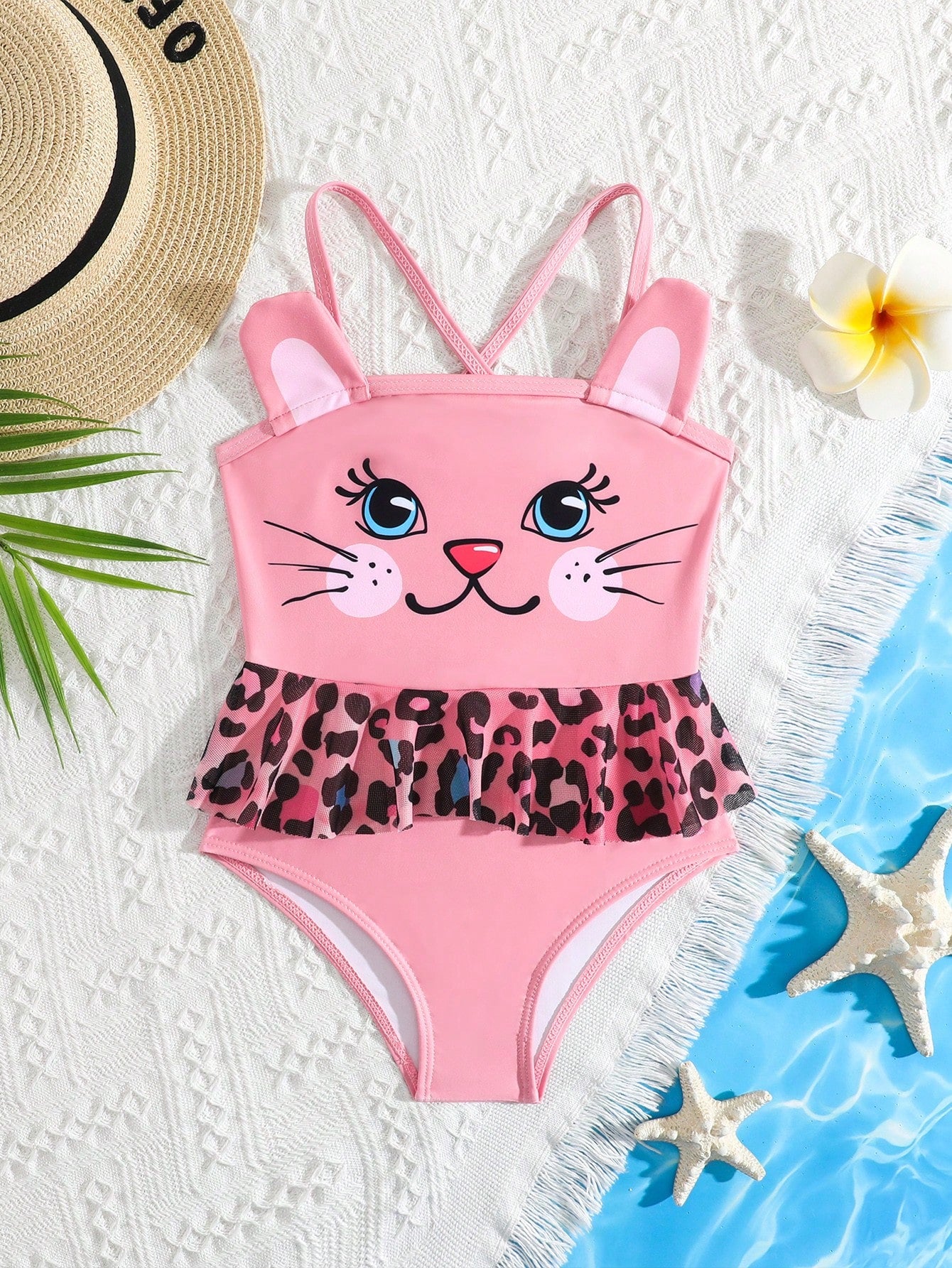 Young Girl Cartoon Printed Leopard Pattern Ruffle Trimmed One-Piece Swimsuit