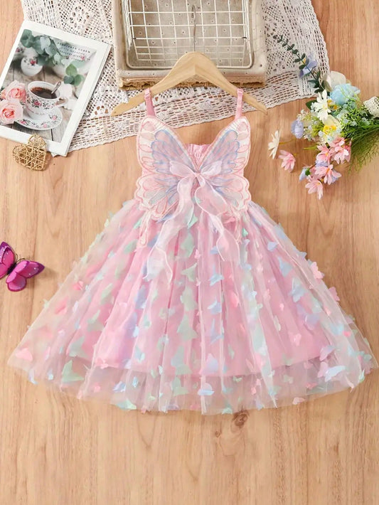 1pc Young Girl Gorgeous  Princess Dress With 3D Butterfly Decoration, Rainbow-Colored Straps, Perfect For Parties, Birthdays Or Summer Gifts