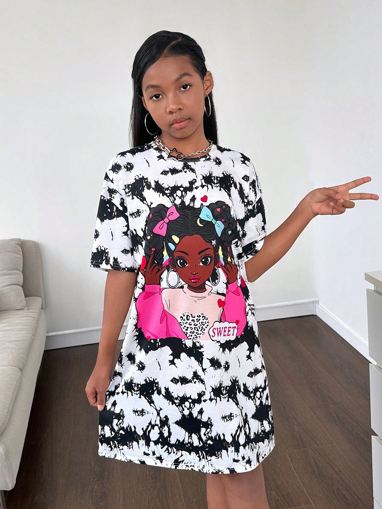 Tween Girl Sporty And Casual Summer Knit Loose Cute Cartoon Image T-Shirt Dress