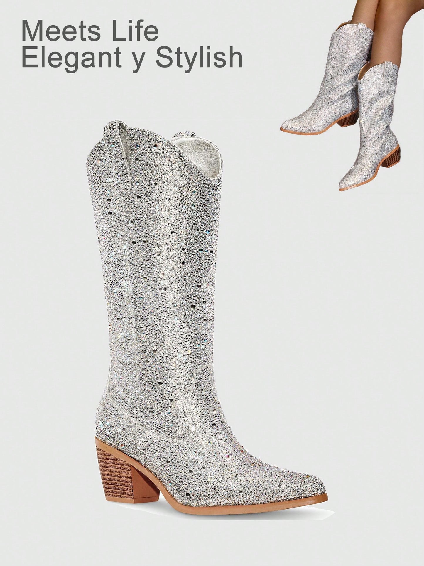 Rhinestone Cowboy Boots For Women - Sparkly Cowgirl Boots Wide Calf Glitter Bling Women's Western Boots  Mid Calf Knee High Boots Bejeweled Shiny Boots Diamond Chunky Heel