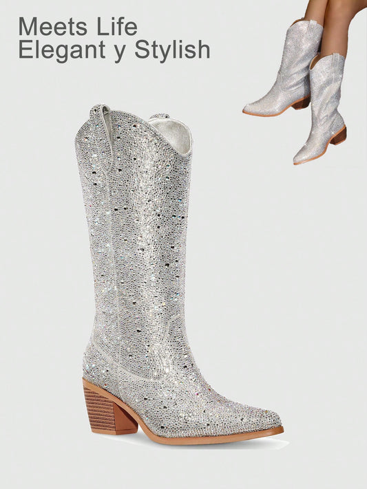 Rhinestone Cowboy Boots For Women - Sparkly Cowgirl Boots Wide Calf Glitter Bling Women's Western Boots  Mid Calf Knee High Boots Bejeweled Shiny Boots Diamond Chunky Heel