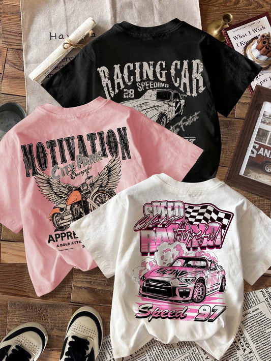 Tween Girls' Casual Retro Motor & Car Printed Short Sleeve Round Neck T-Shirts, Simple And Personalized, White/Black/Pink, Multi-Pack, Summer, Suitable For Back To School Outfits