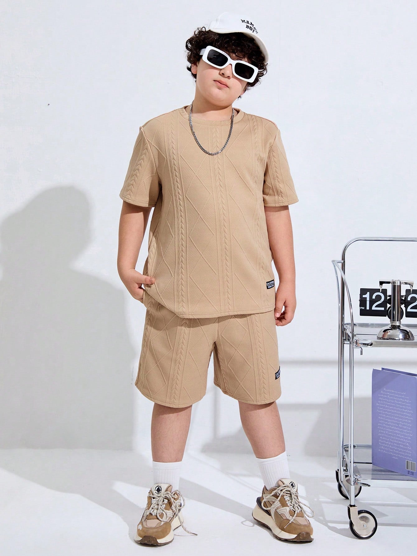 Kids Tween Boys Extended Size Casual Applique Letter Printed Round Neck Short Sleeve T-Shirt And Knitted Shorts Set