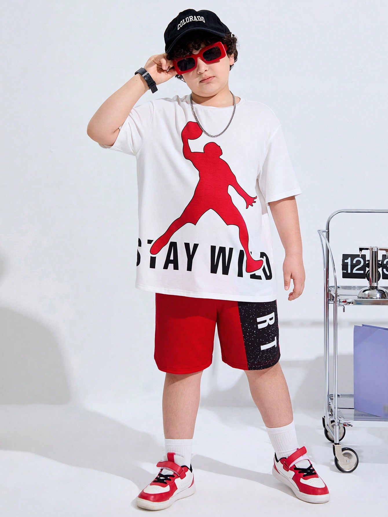 Kids Tween Boys' Extended Size Casual Basketball Element Printed Round Neck Pullover Short Sleeve T-Shirt And Shorts Knitted Two-Piece Set