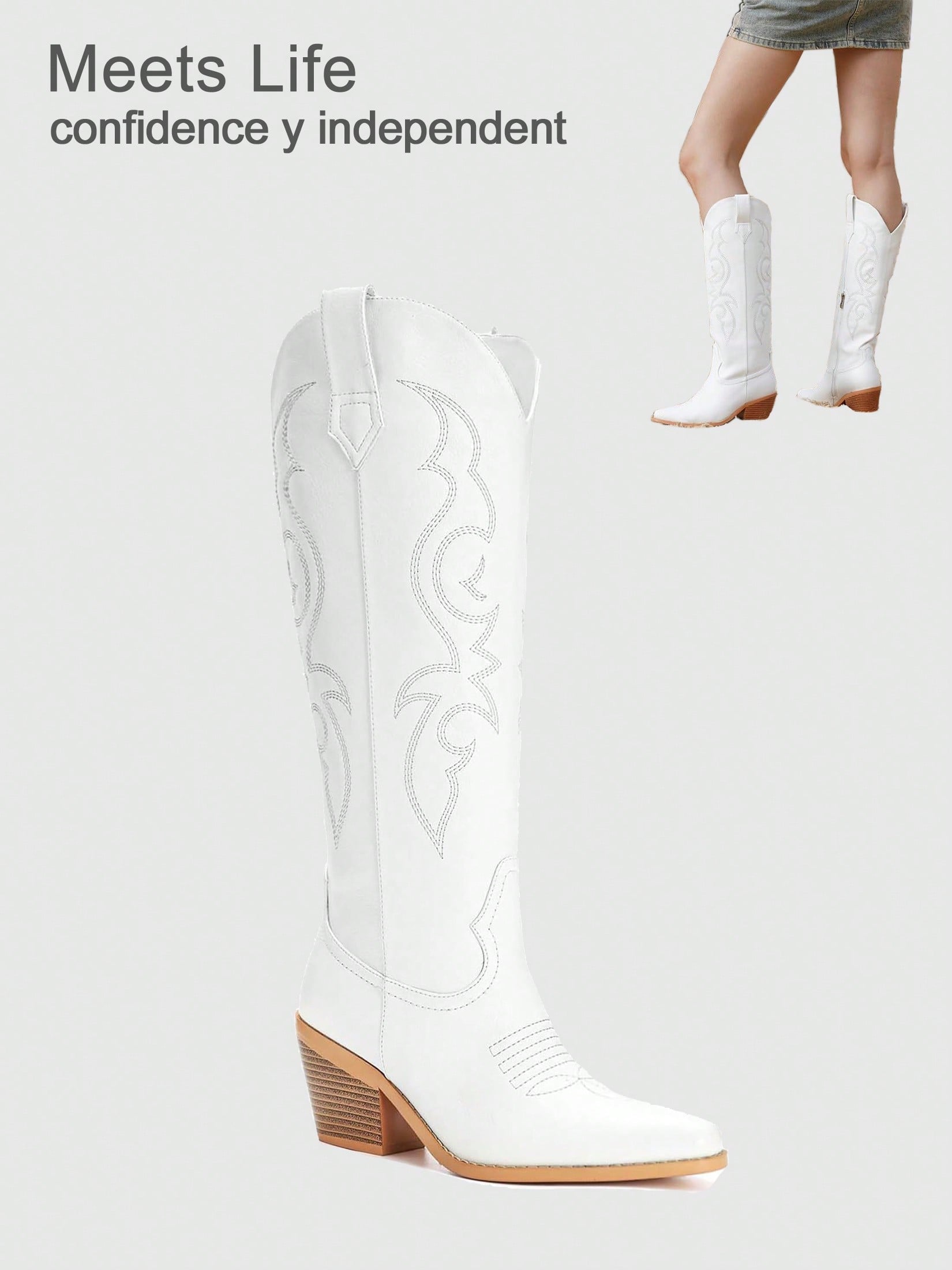 White Cowboy Boots For Women - Wide Calf Rhinestone Cowgirl Boots, Women Knee High Western Boots, Glitter Sparkly Ladies Tall Boots With Classic Embroidery And Side Zipper, Retro Classic Country Boots Pull On For Ladies