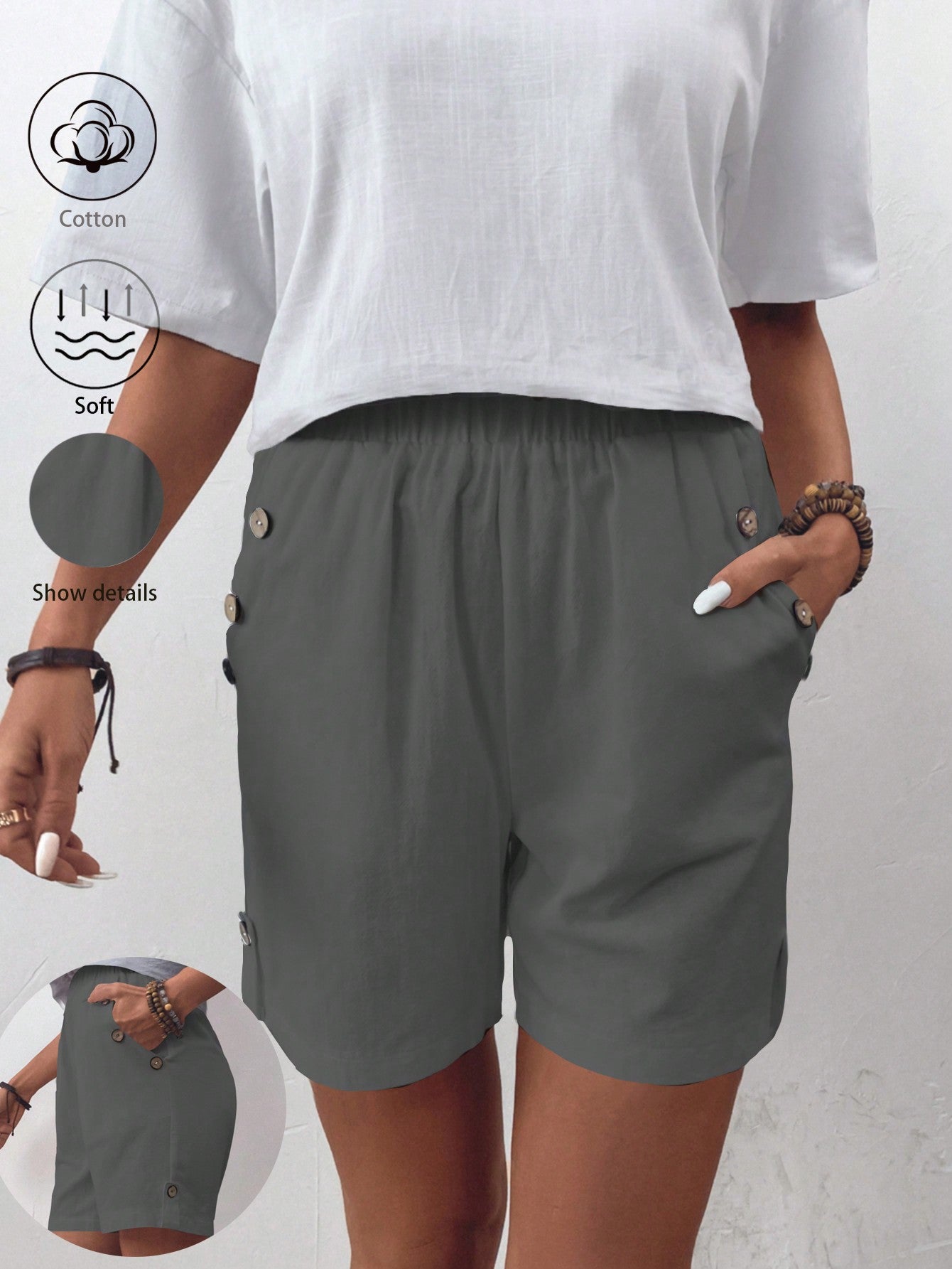 JORESS Women's Solid Color Shorts With Button Decoration