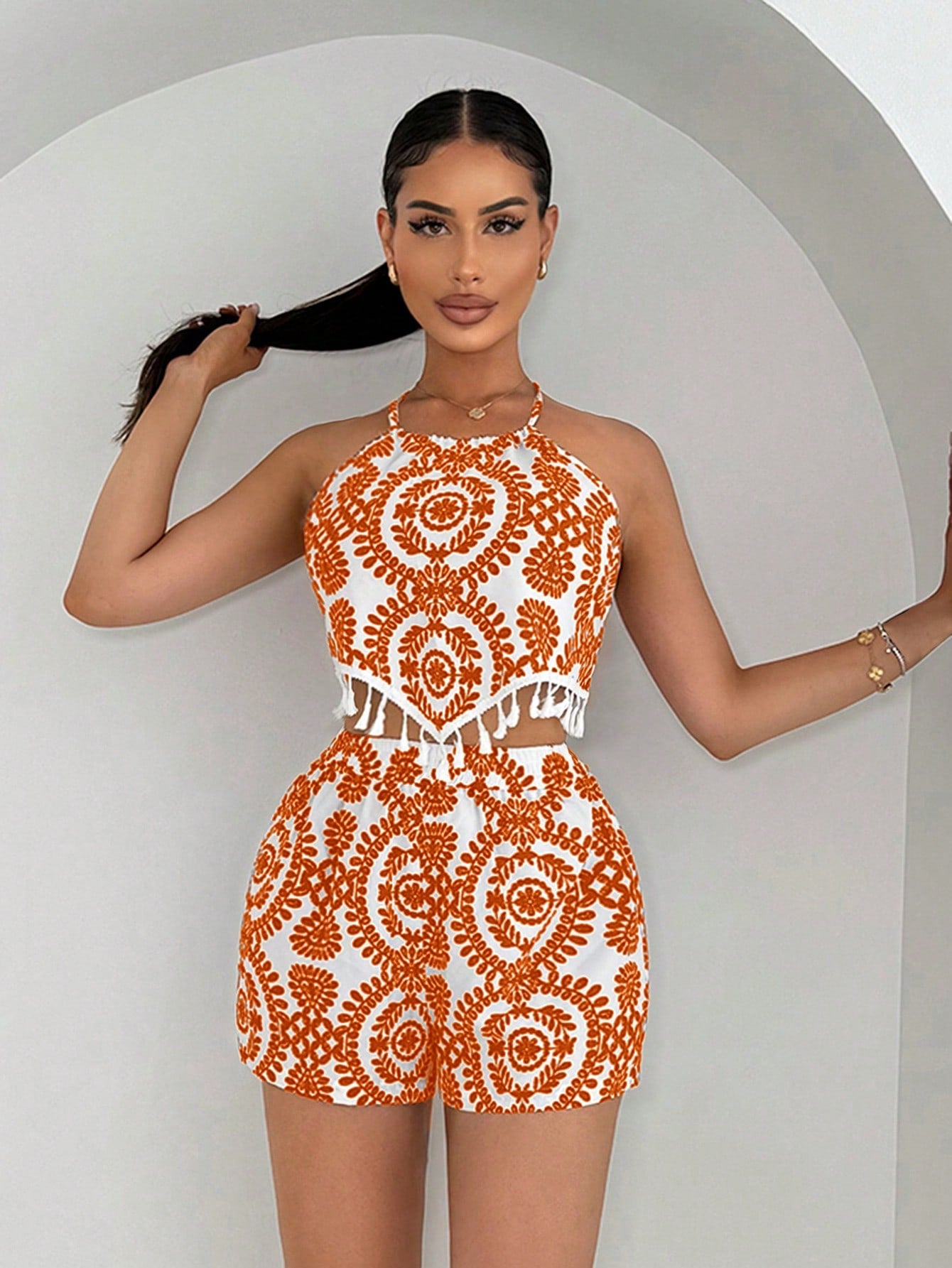 Women Vacation Leisure Full Print Fringed Hem With Tie Strap Backless Halter Top And Shorts Set