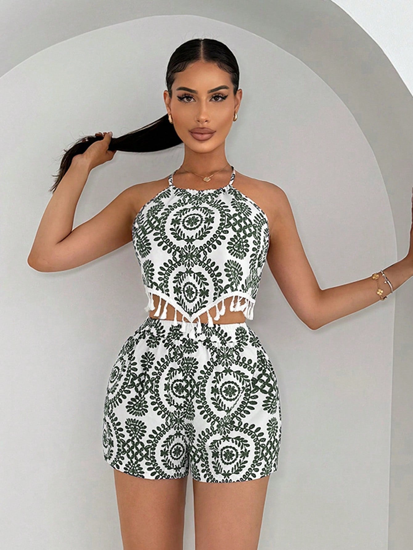 Women Vacation Leisure Full Print Fringed Hem With Tie Strap Backless Halter Top And Shorts Set