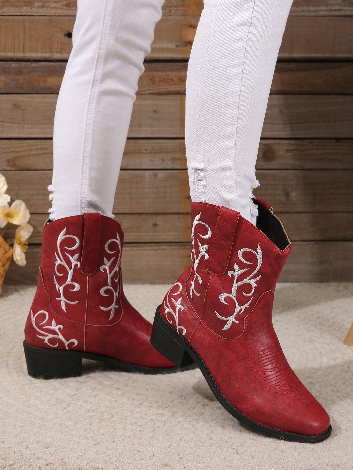 2024 New Embroidered Western Knight Boots, Pointed Toe, Thick Heel Mid-Calf Boots For Women, Cowboy Boot