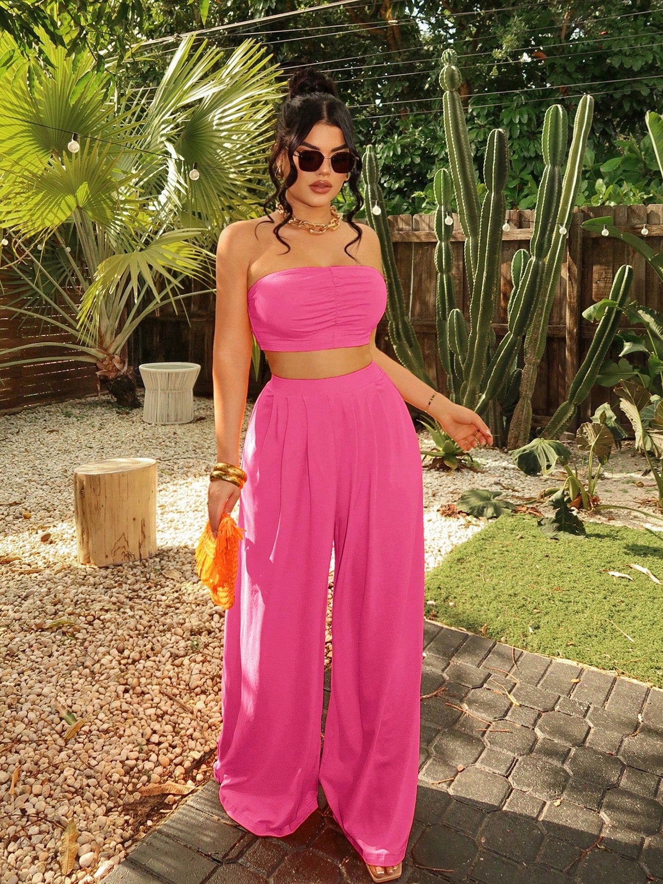 Women Fashionable Ruched Strapless Wide Leg Pants Set Summer Vacation Holiday Beach BOHO Sexy