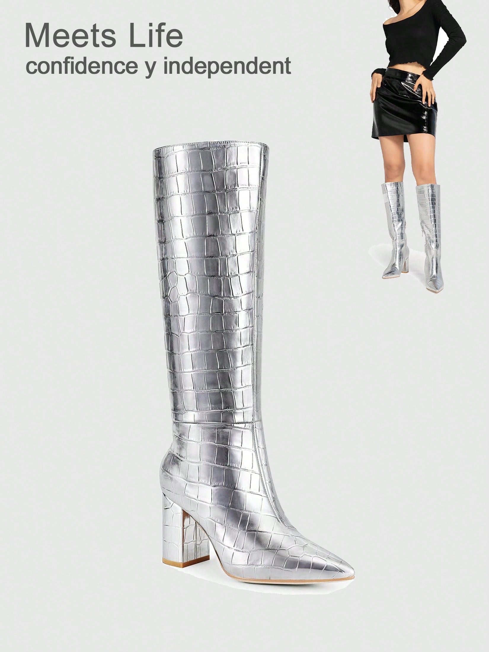 Silver Knee High Boots For Women - Fashion Faux Crocodile Boots Wide Calf Tall Boots Long Gogo Boots Zipper Pointed Toe Block Heel Chunky Knee High Boots