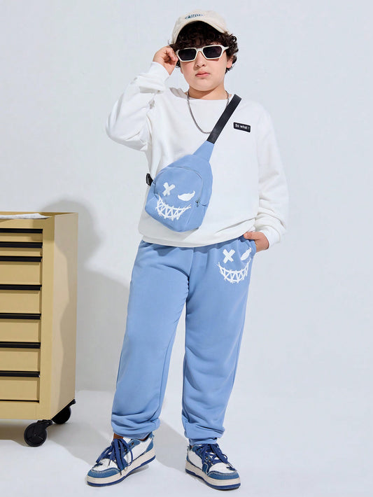 3pcs Kids Tween Boys Extended Size Casual Pullover Hooded Sweatshirt With Printed Design Long Pants, Outfit With Cross-Body Bag, Suitable For Daily Wear, Travel, And Sports Activities In Spring, Summer, Fall And Winter