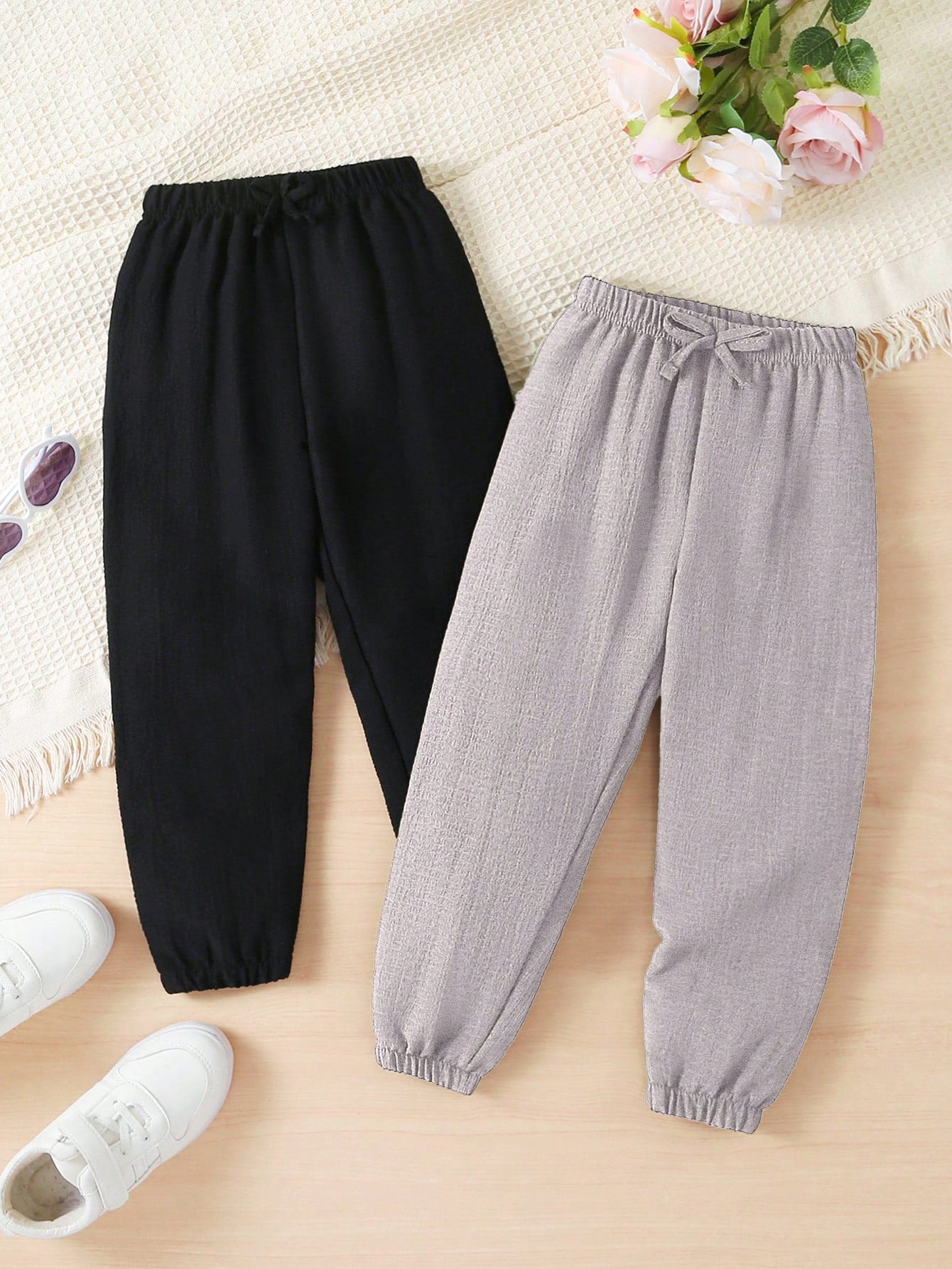 Young Girl 2pcs Solid Knot Front Pants