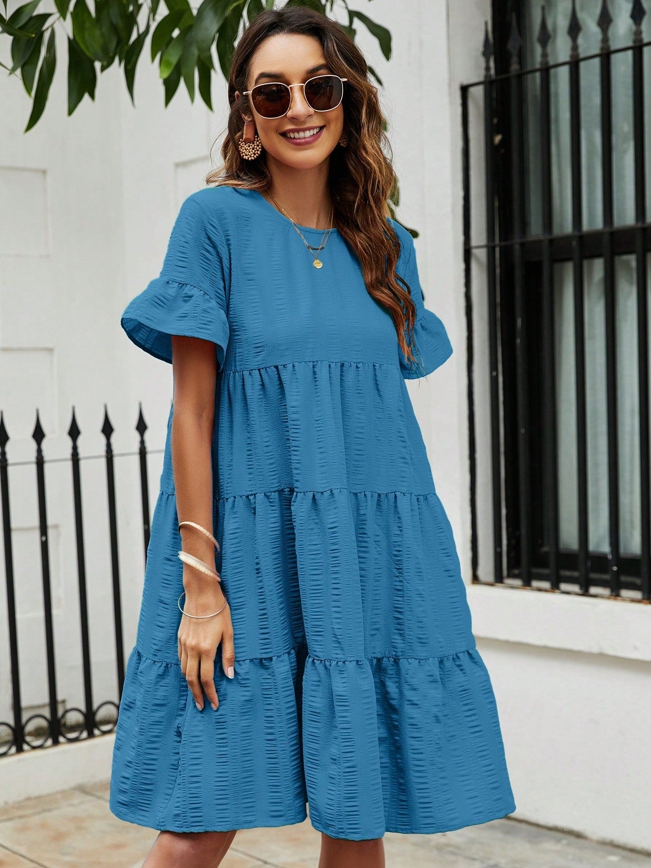 Flare Sleeve Ruffle Hem Smock Dress